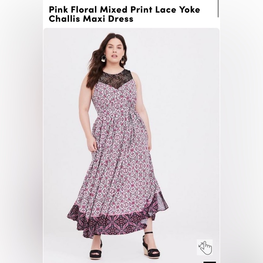 Torrid Pink Floral Mixed Print Lace Yoke Challis Maxi Dress